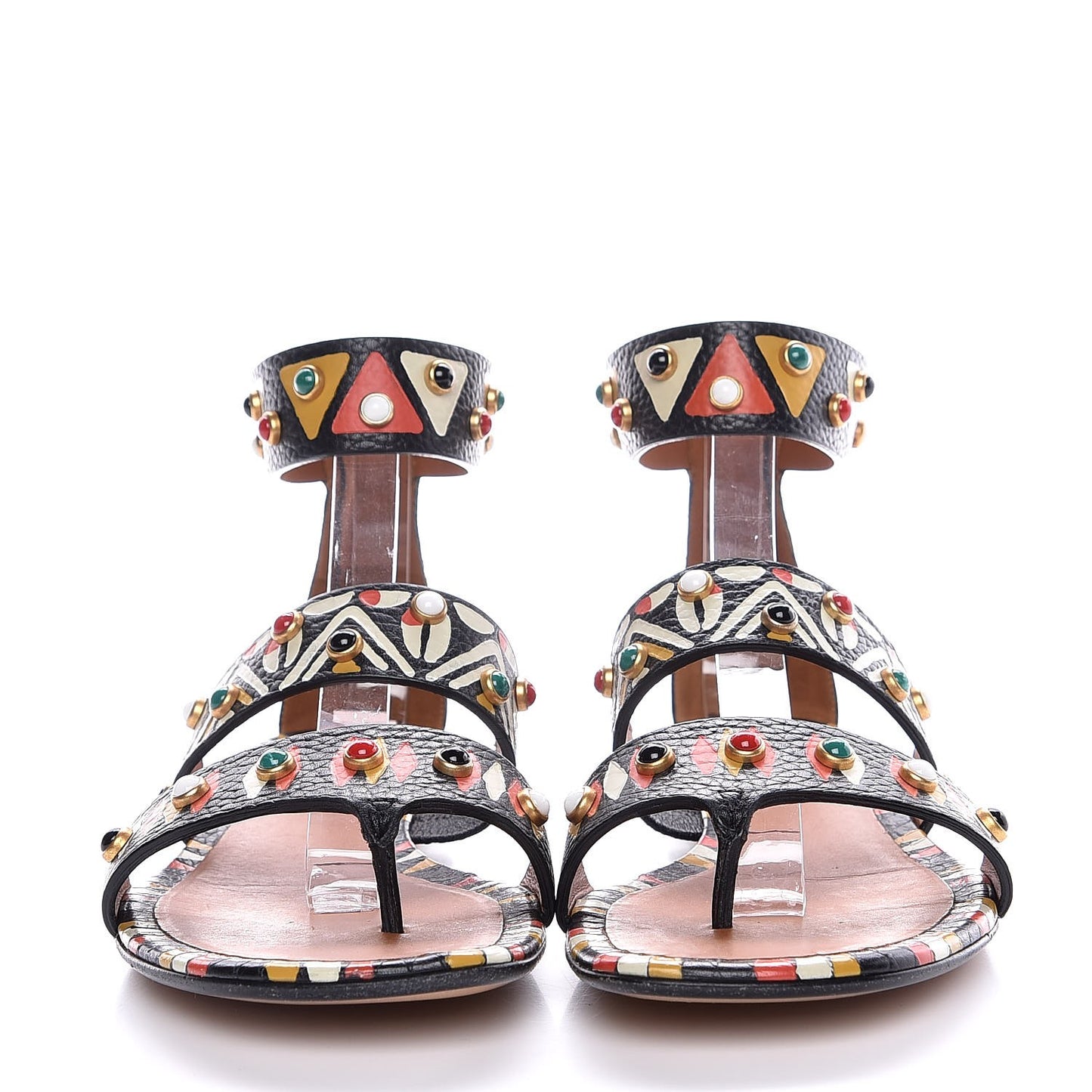 Calfskin Hand Painted Rockstud Thong Sandals 36 Black