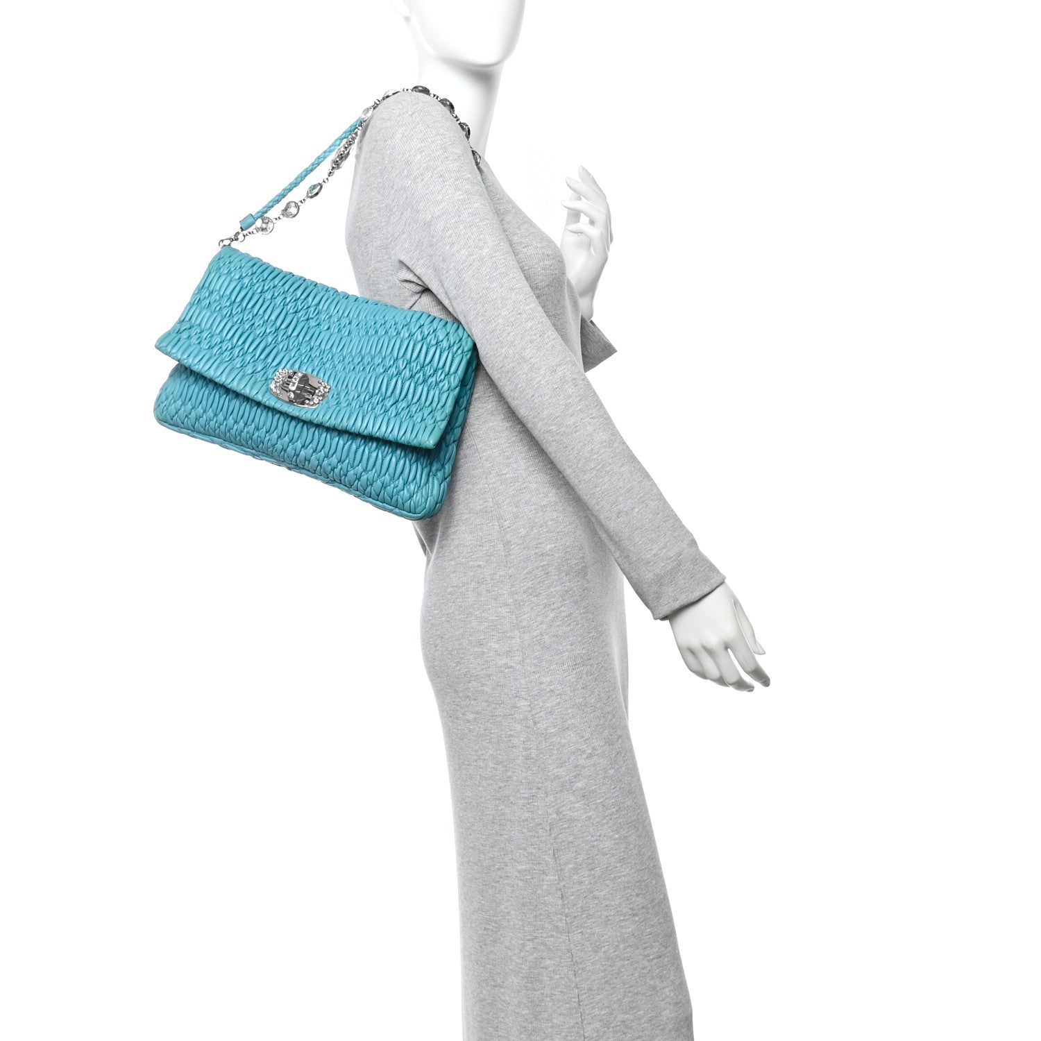 Miu Miu Nappa Matelasse Crystal Flap Clutch Turchese 2 of 9