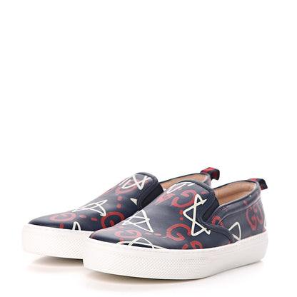 Gucci Calfskin GucciGhost Print Womens Slip On Sneakers 36.5 Blue Agata Hibiscus Red 3 of 13