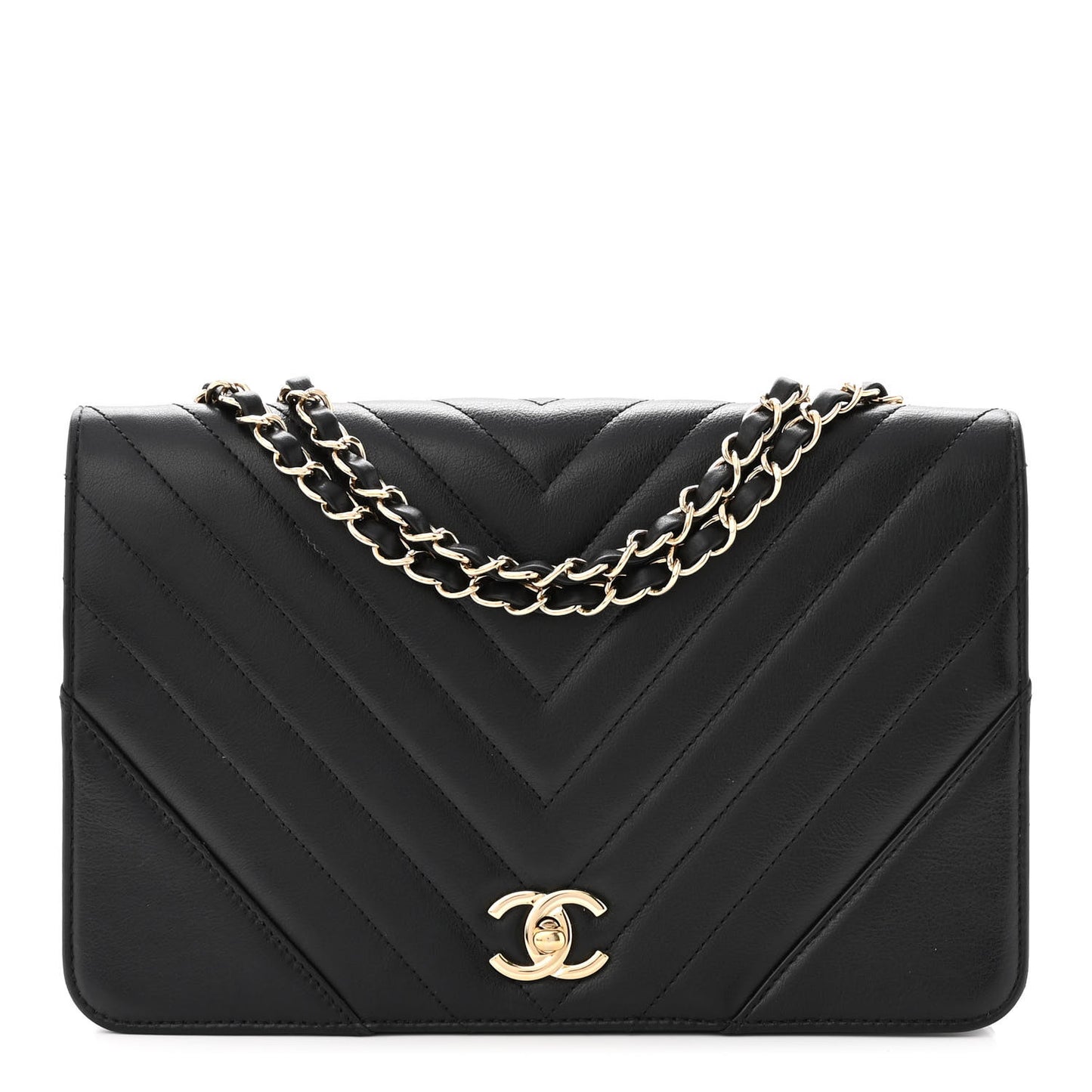 Calfskin Chevron Quilted Medium Statement Flap Black