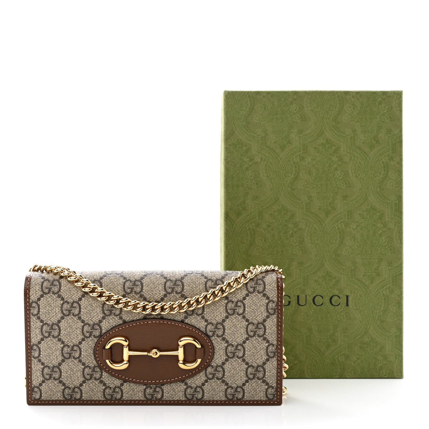 GG Supreme Monogram Azalea Calfskin Horsebit 1955 Wallet On Chain Beige Ebony Brown Sugar