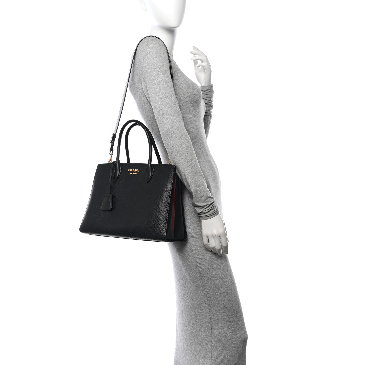 Prada Saffiano Cuir Calfskin Large Double Handle Bag Black Fuoco 2 of 10