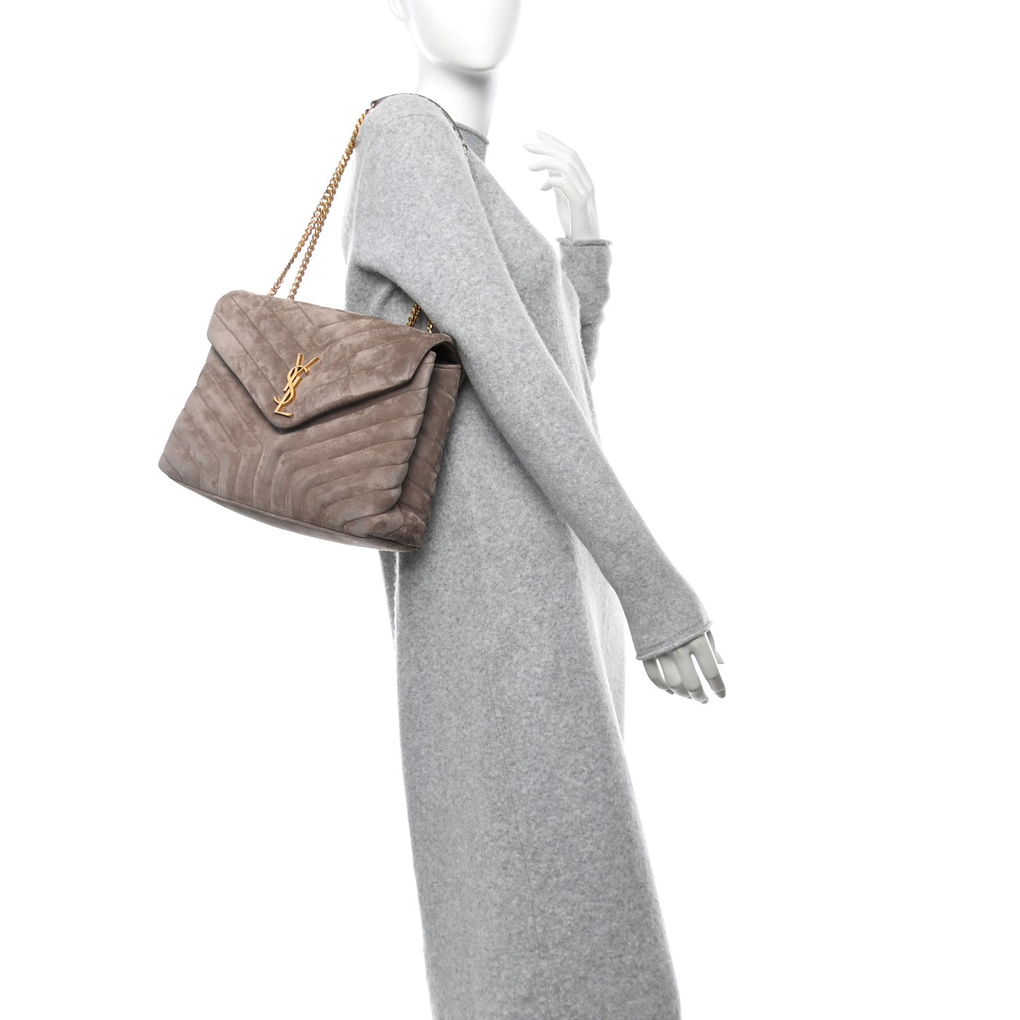 Suede Y Quilted Monogram Medium Loulou Chain Satchel Taupe