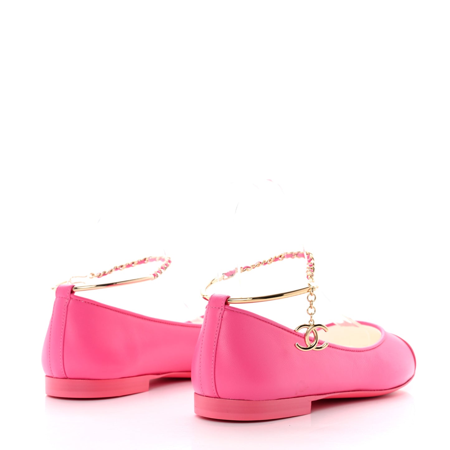 Lambskin Patent Calfskin Cap Toe Ankle Chain Ballerina Flats 37 Pink