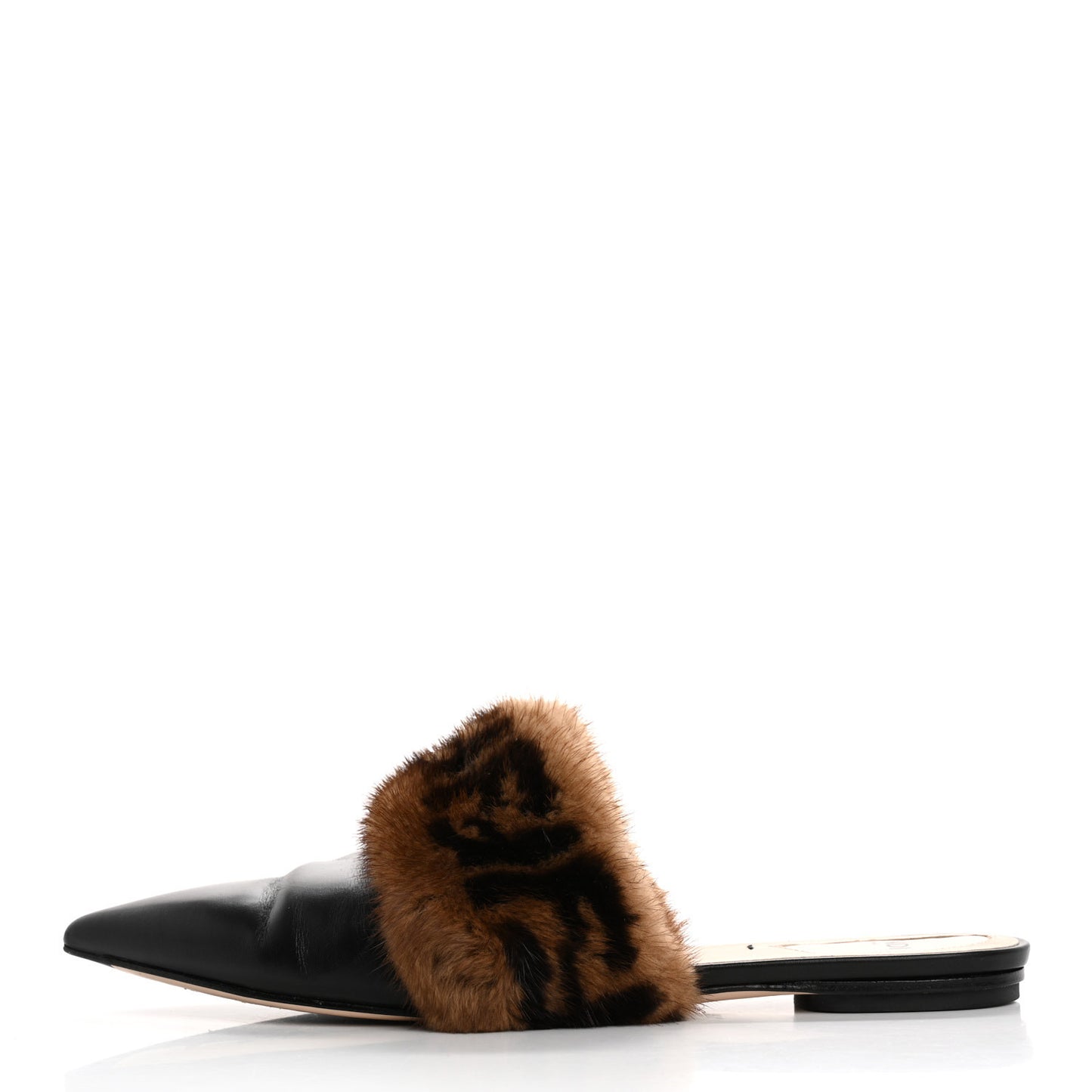 Calfskin Mink Fur FF Flat Mules 38.5 Black