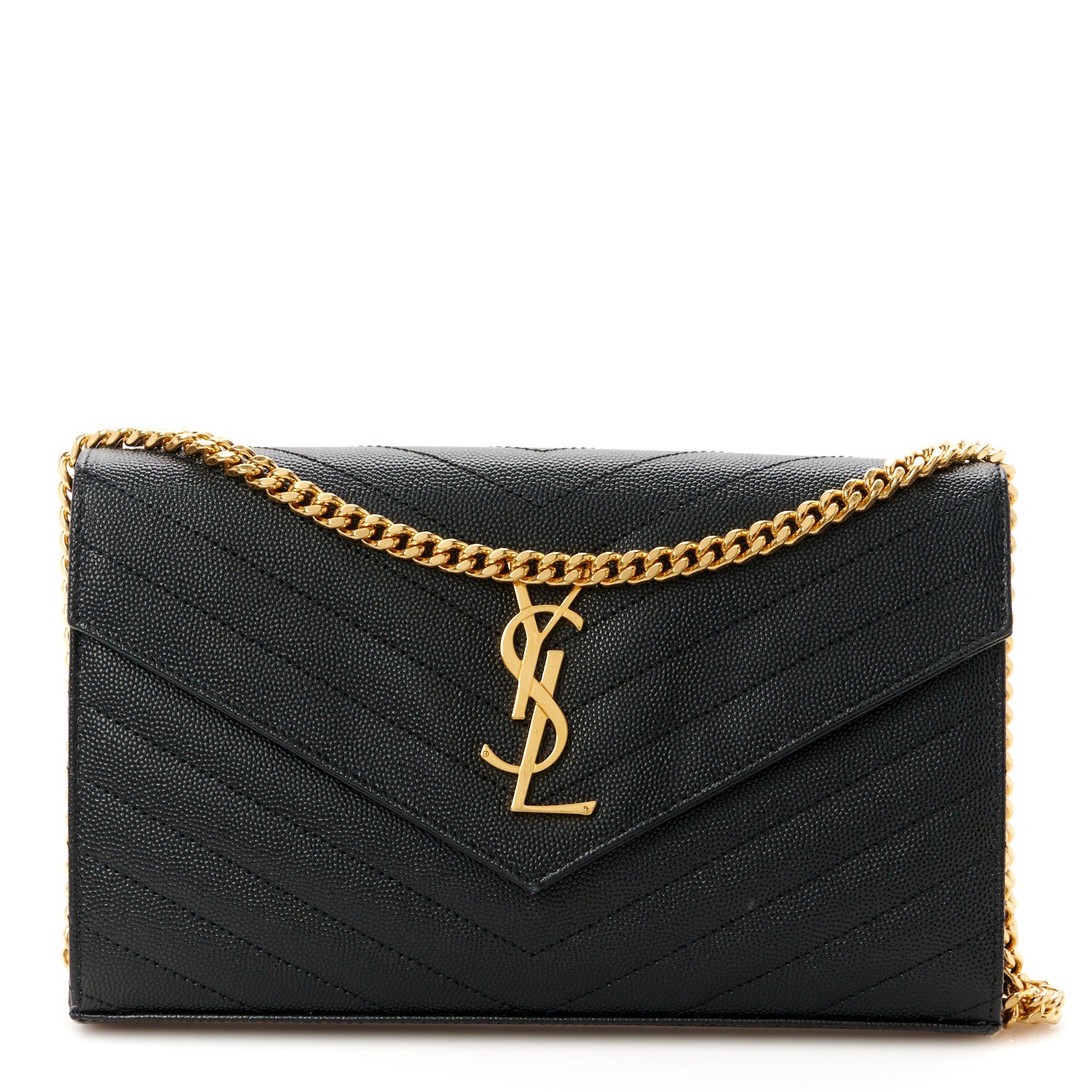 Saint Laurent Grain De Poudre Matelasse Chevron Monogram Chain Wallet Black 1 of 9