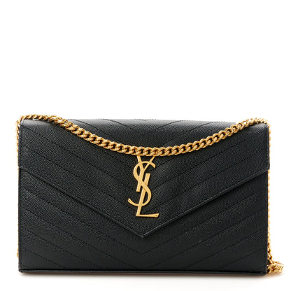 Saint Laurent Grain De Poudre Matelasse Chevron Monogram Chain Wallet Black 1 of 9