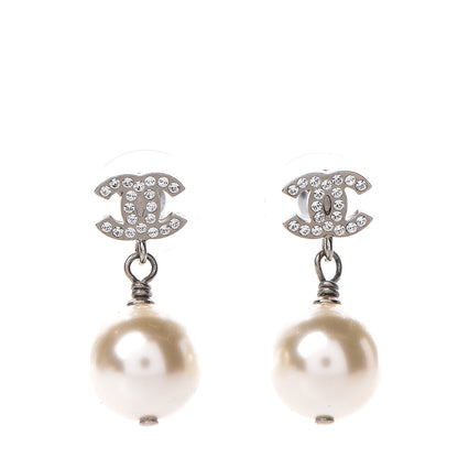 Chanel Crystal Pearl CC Drop Earrings Silver Pearly White 1 of 4