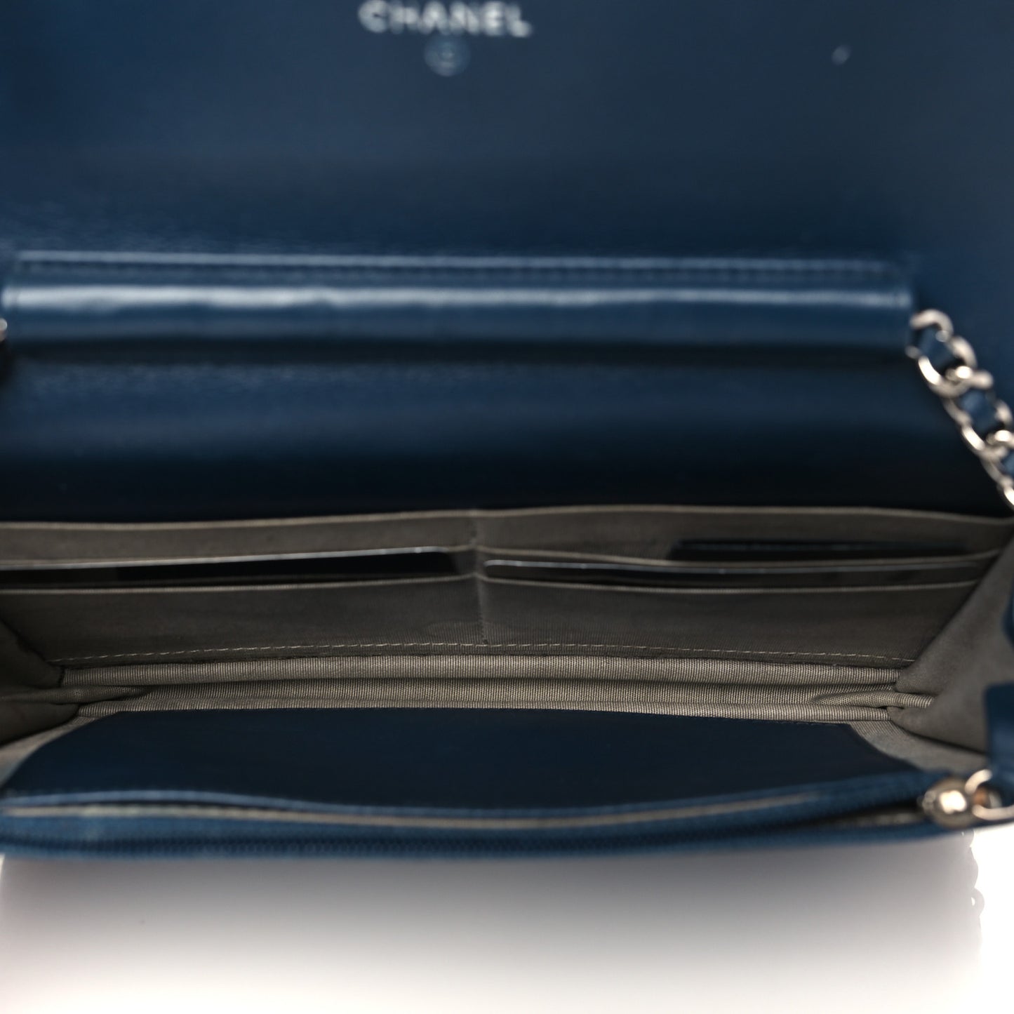 Patent Quilted Brilliant Wallet On Chain WOC Blue