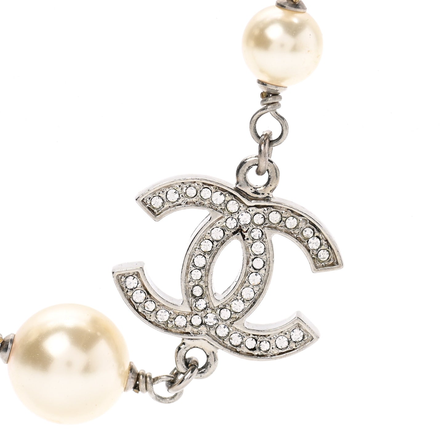 Graduated Pearl Crystal CC Long Necklace Silver