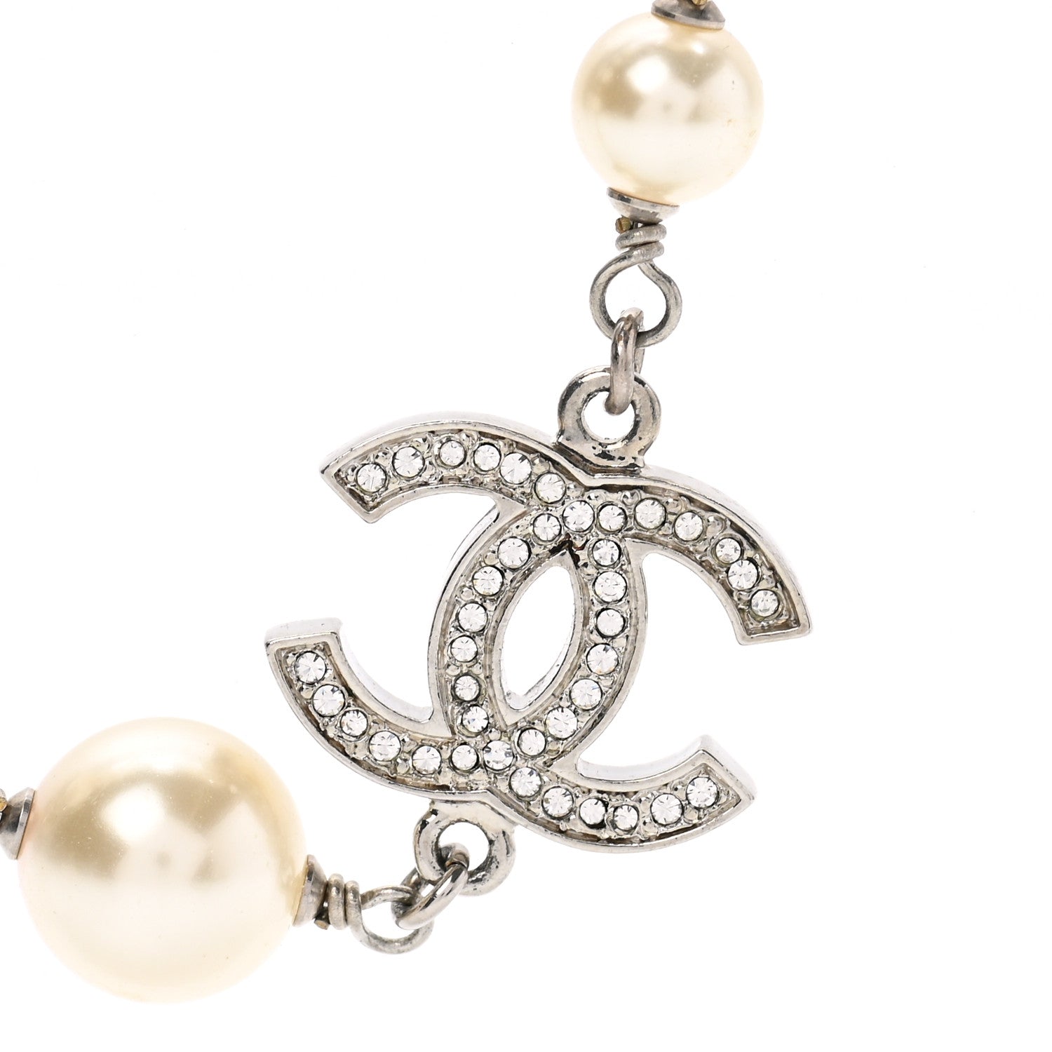 Chanel Graduated Pearl Crystal CC Long Necklace Silver 4 of 7