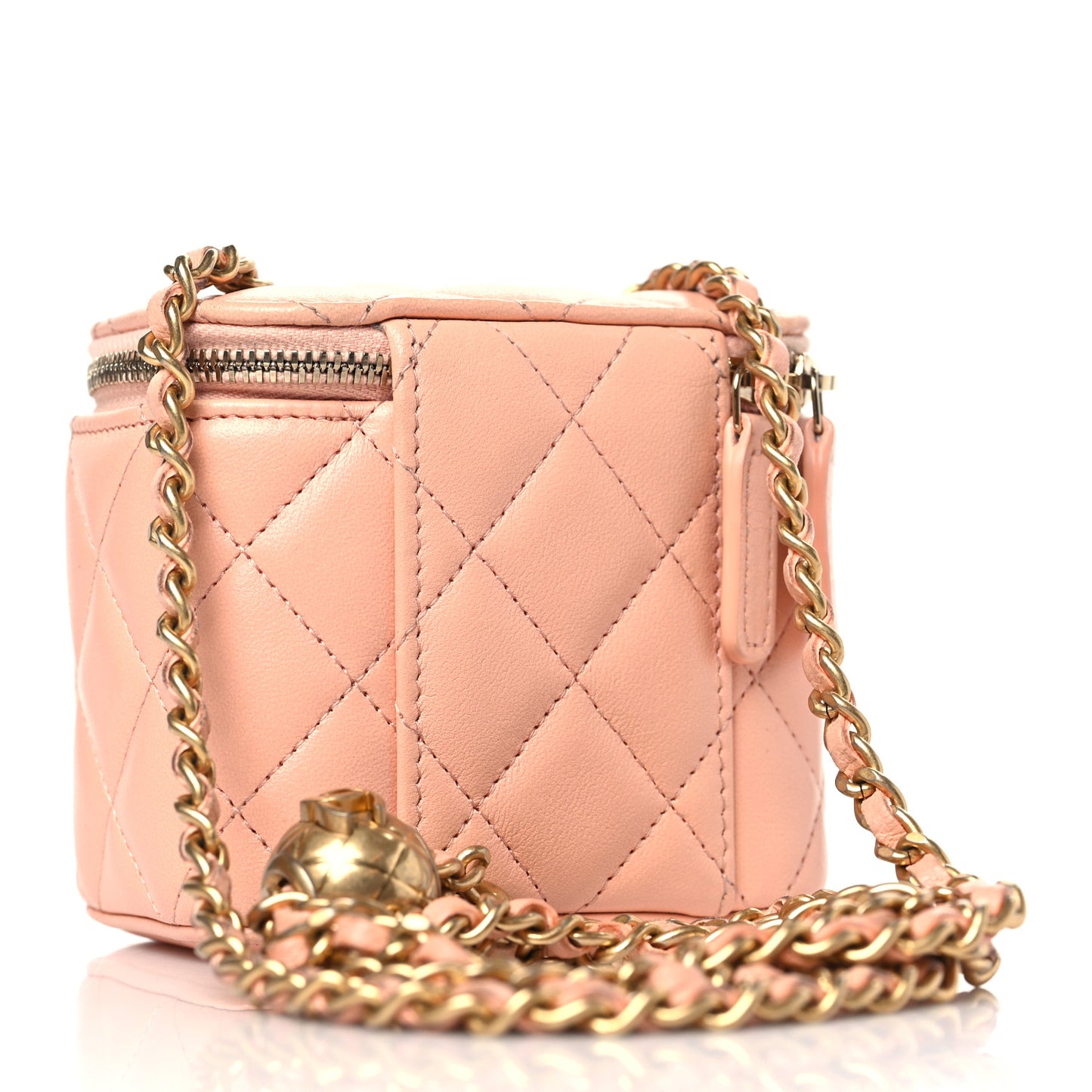 Lambskin Quilted Pearl Crush Mini Vanity Case With Chain Beige
