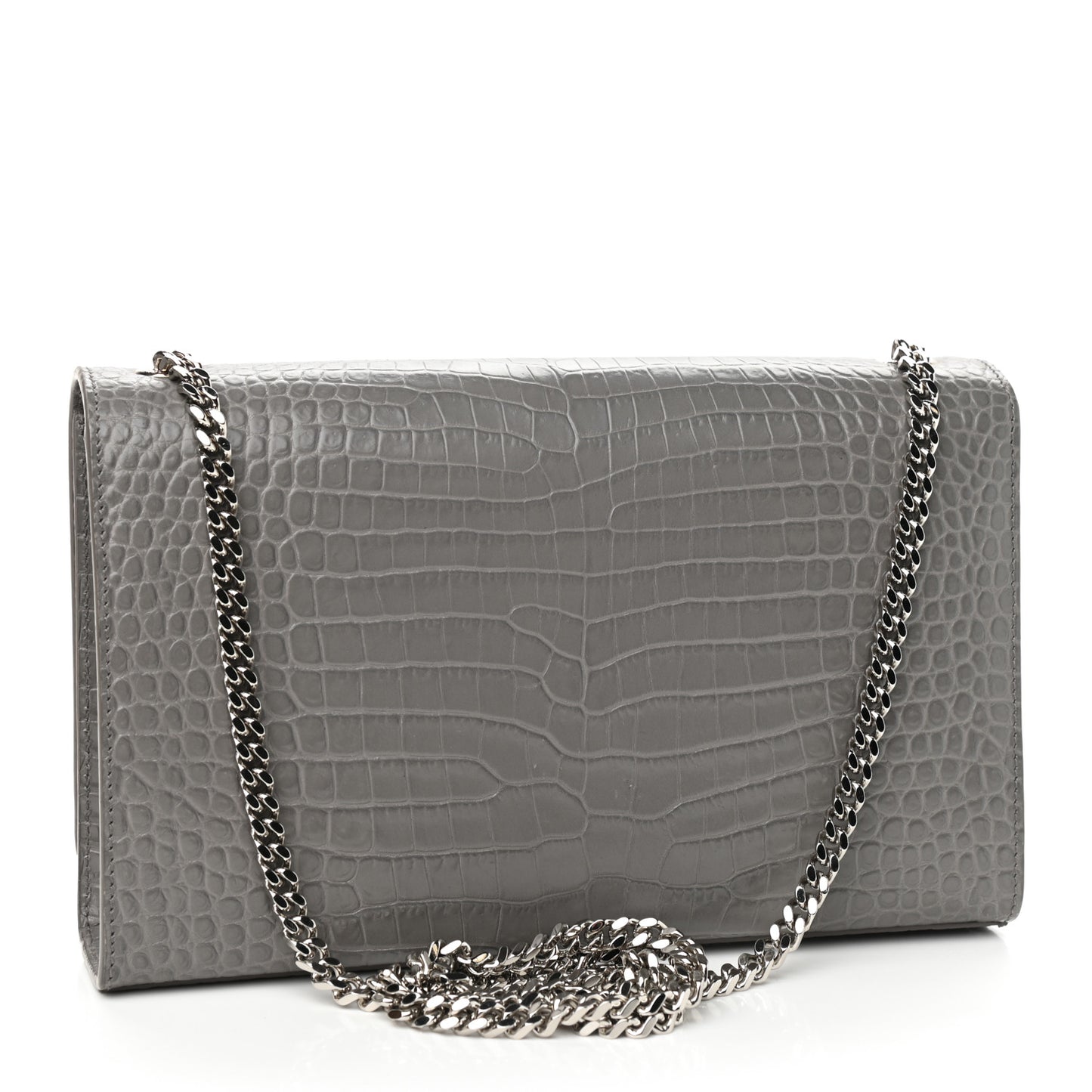 Calfskin Crocodile Embossed Medium Classic Monogram Kate Tassel Satchel Earth Grey