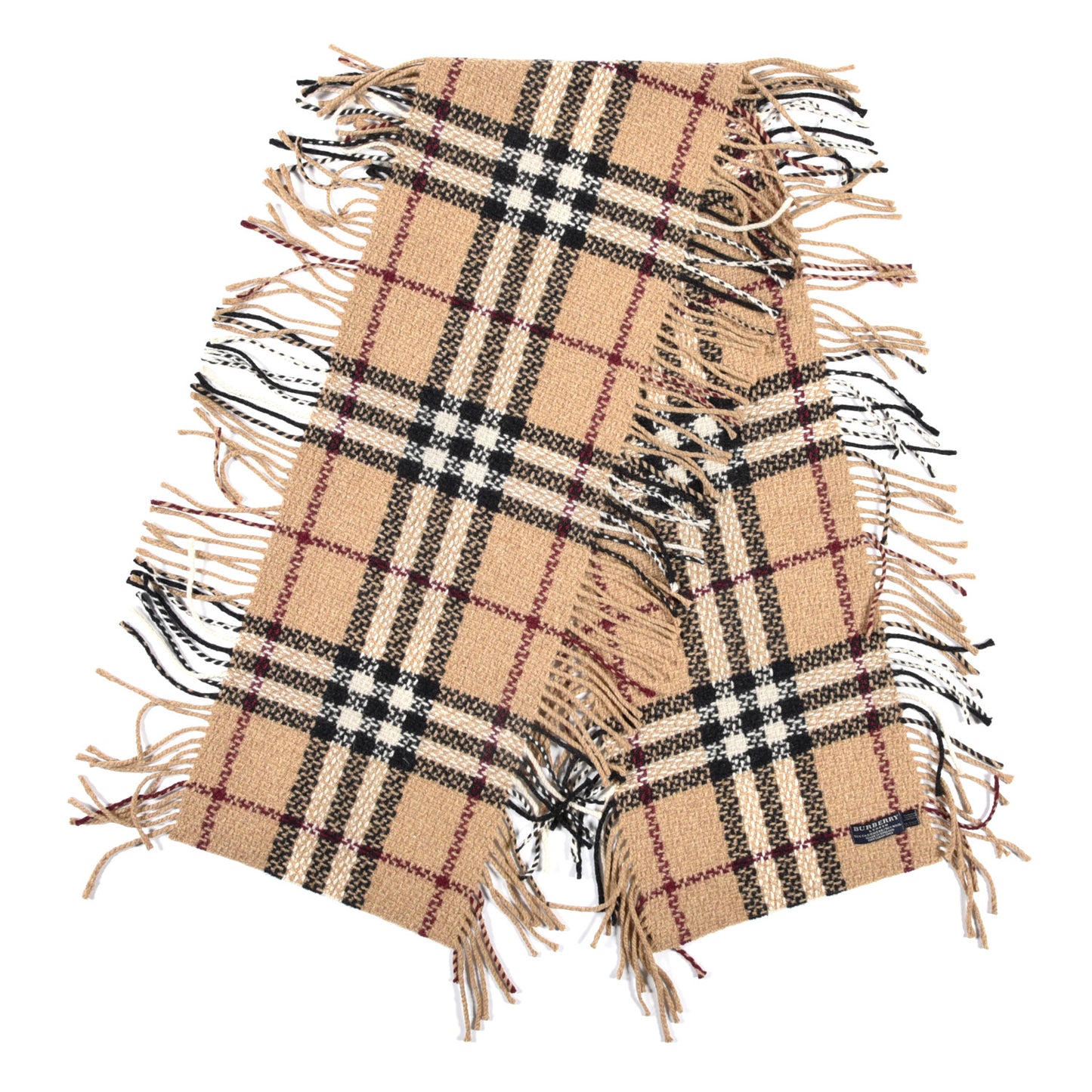 Wool Cashmere Vintage Check Happy Fringe Scarf Camel