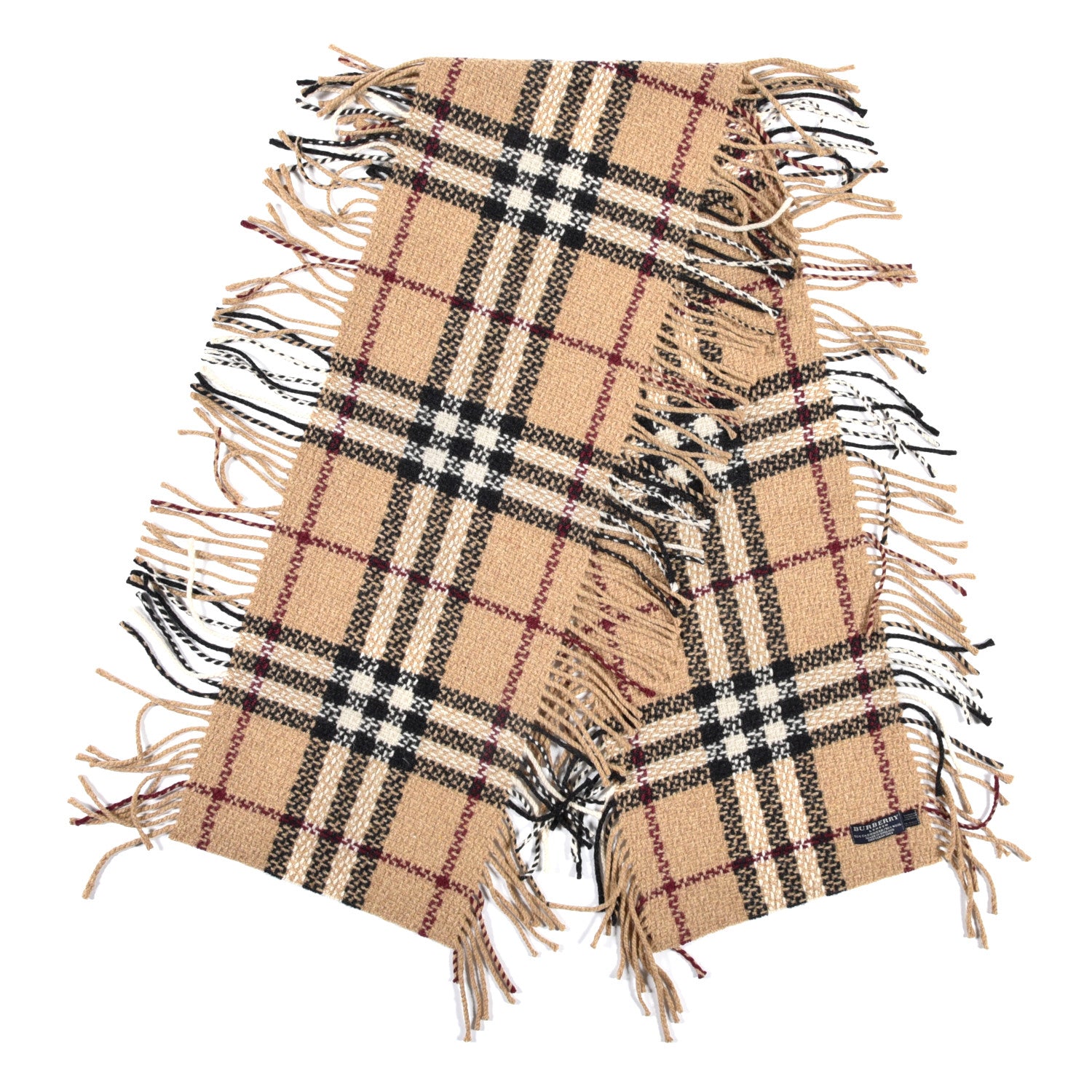 Burberry Wool Cashmere Vintage Check Happy Fringe Scarf Camel 1 of 3