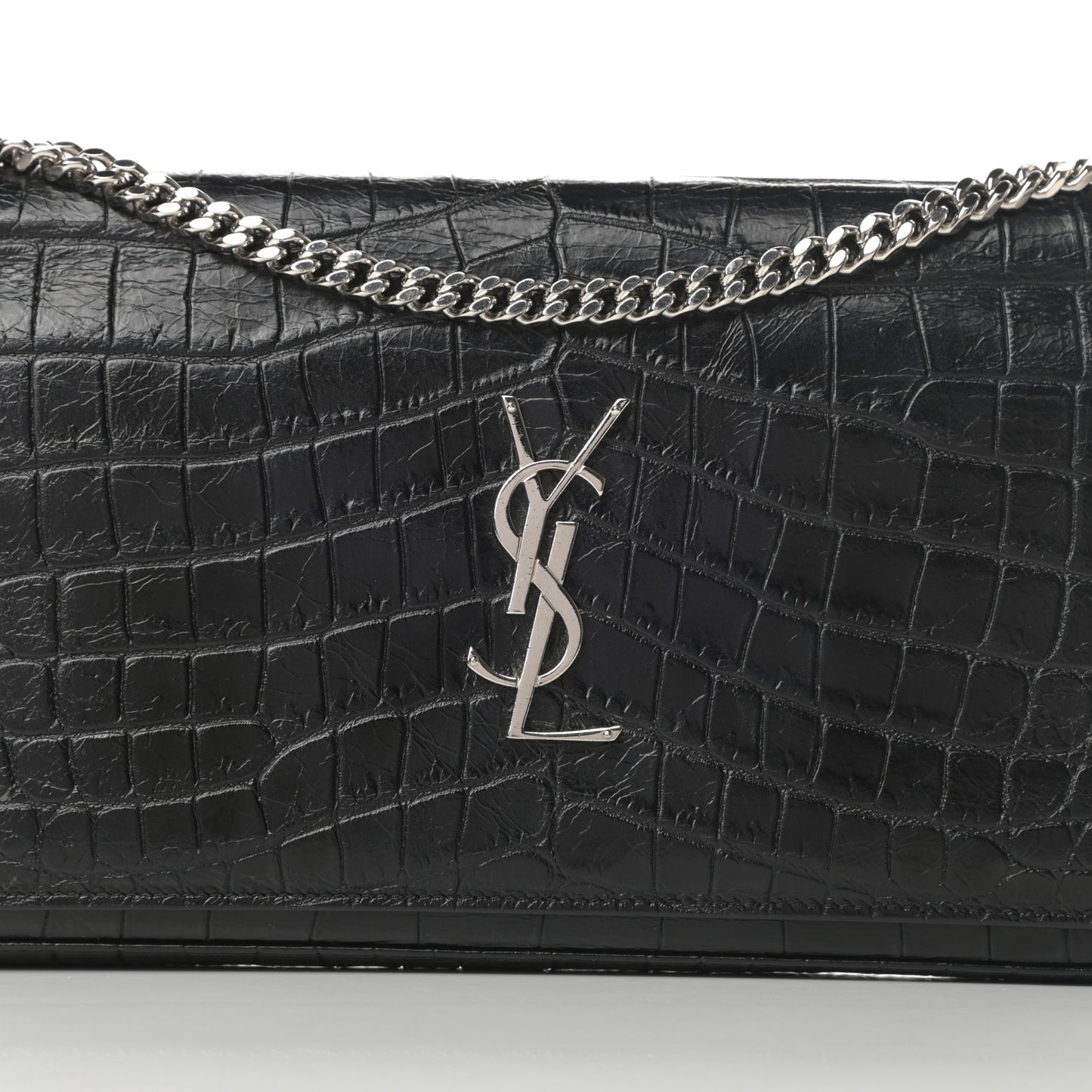 Calfskin Crocodile Embossed Monogram Chain Wallet Black