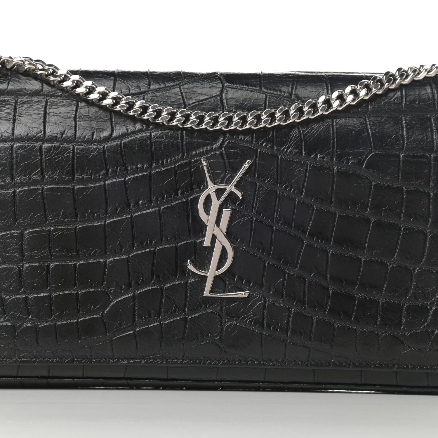 Saint Laurent Calfskin Crocodile Embossed Monogram Chain Wallet Black 9 of 14