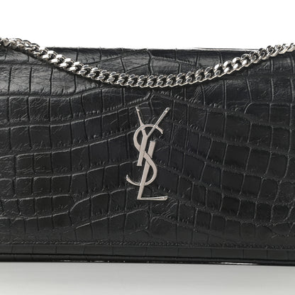 Saint Laurent Calfskin Crocodile Embossed Monogram Chain Wallet Black 9 of 14