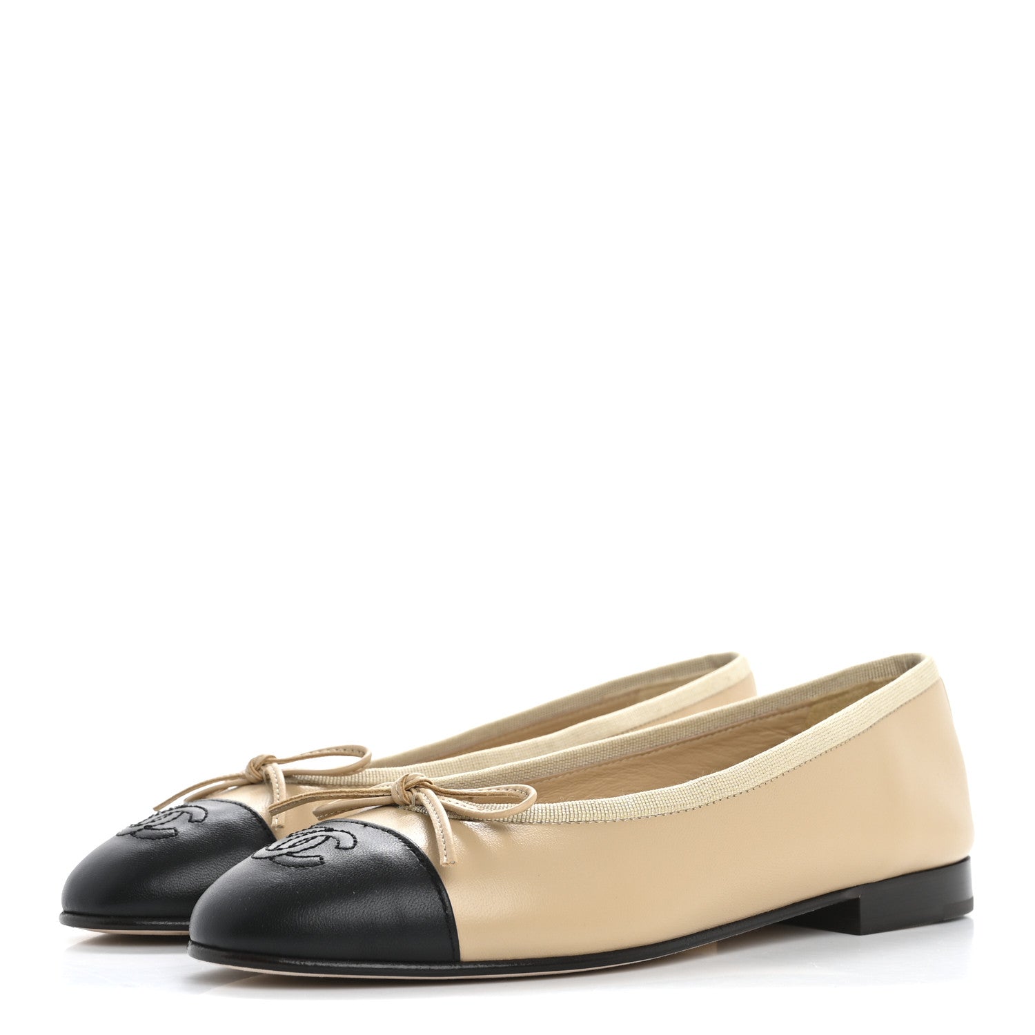 Chanel Lambskin Cap Toe CC Ballerina Flats 37 Beige Black 4 of 10