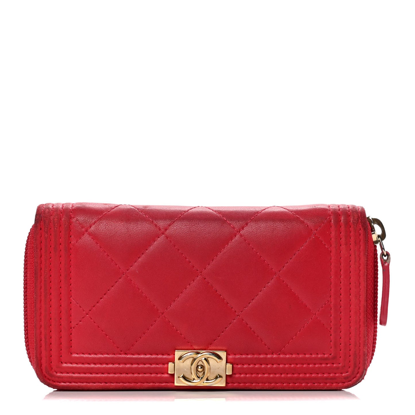 Lambskin Quilted Small Boy Zip Around Wallet Red