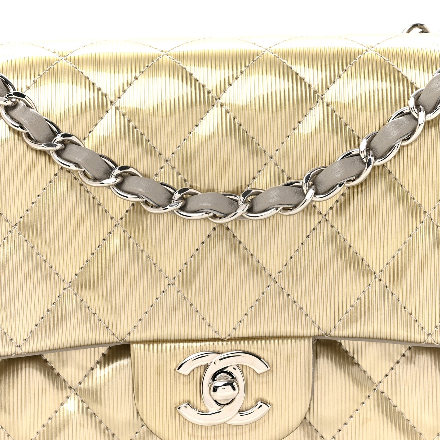 Striated Patent Quilted Medium Double Flap Gold