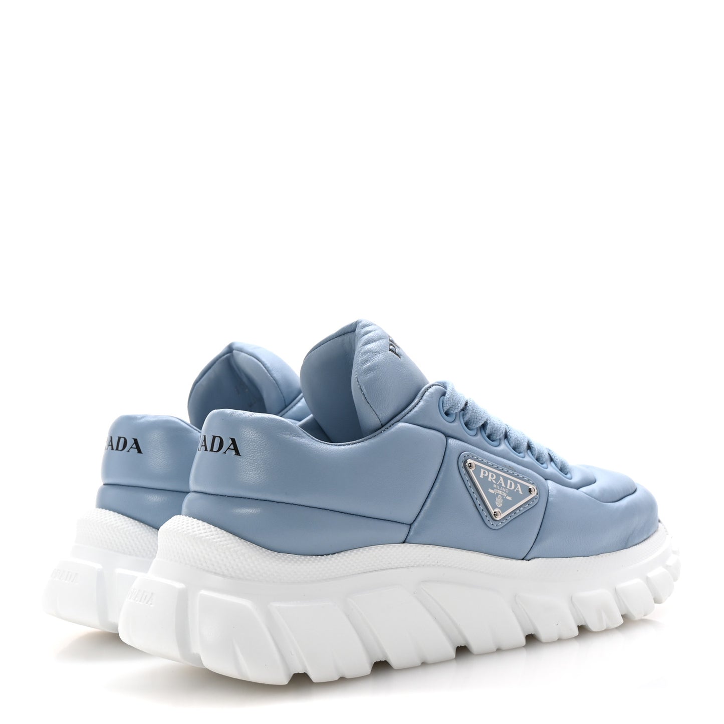 Nappa Soft Metal Triangle Logo Womens Padded 30mm Sneakers 35.5 Celeste