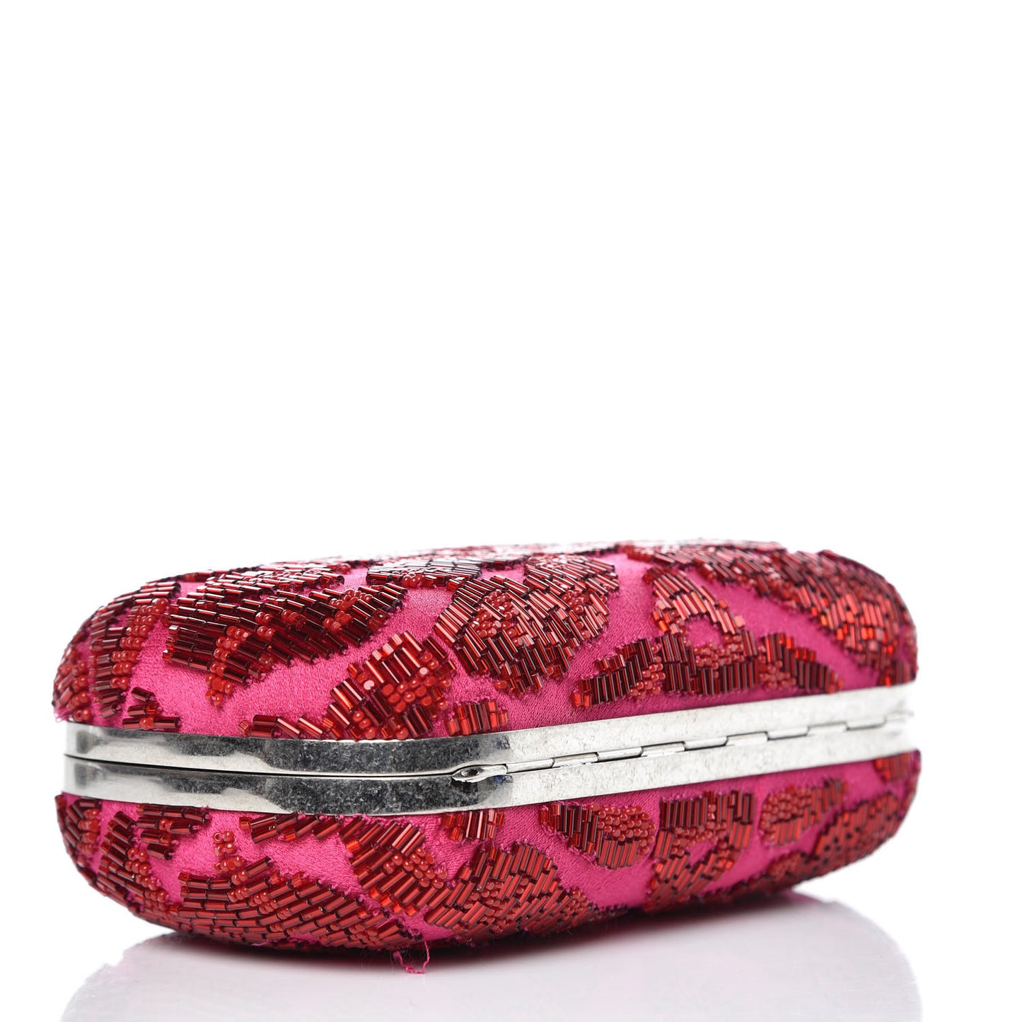 Satin Beaded Leopard Skull Box Clutch Red Pink