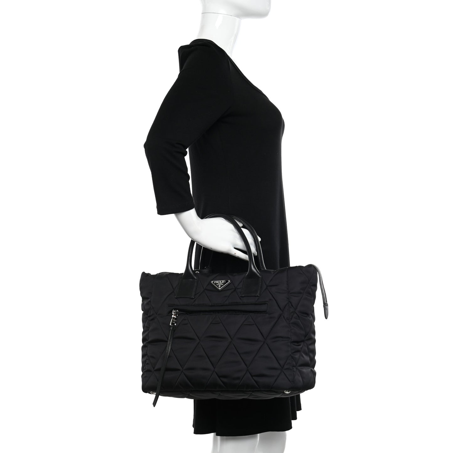 Re-Nylon Nappa Triangle Quilted Padded Large Double Handled Zip Tote Black