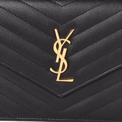 Saint Laurent Grain De Poudre Matelasse Chevron Monogram Envelope Chain Wallet Black 8 of 9