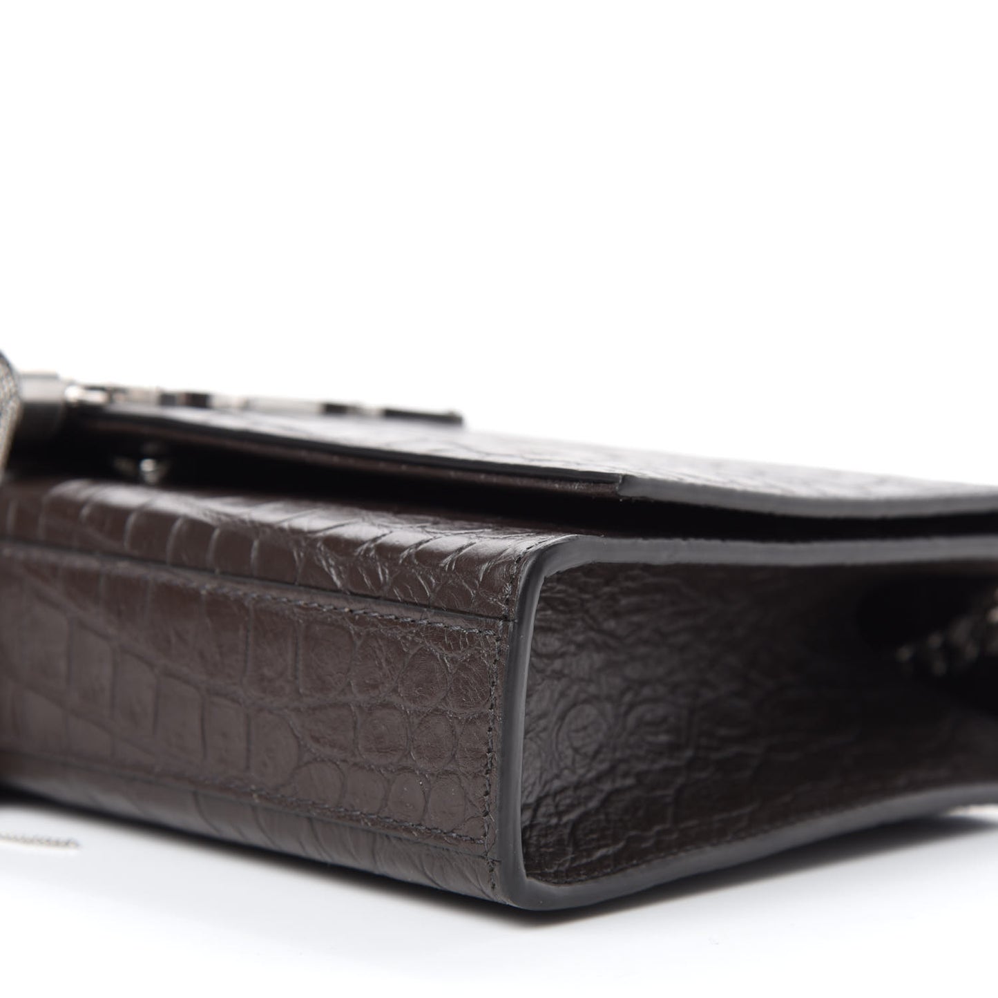 Calfskin Crocodile Embossed Medium Classic Monogram Kate Tassel Satchel Earth Grey