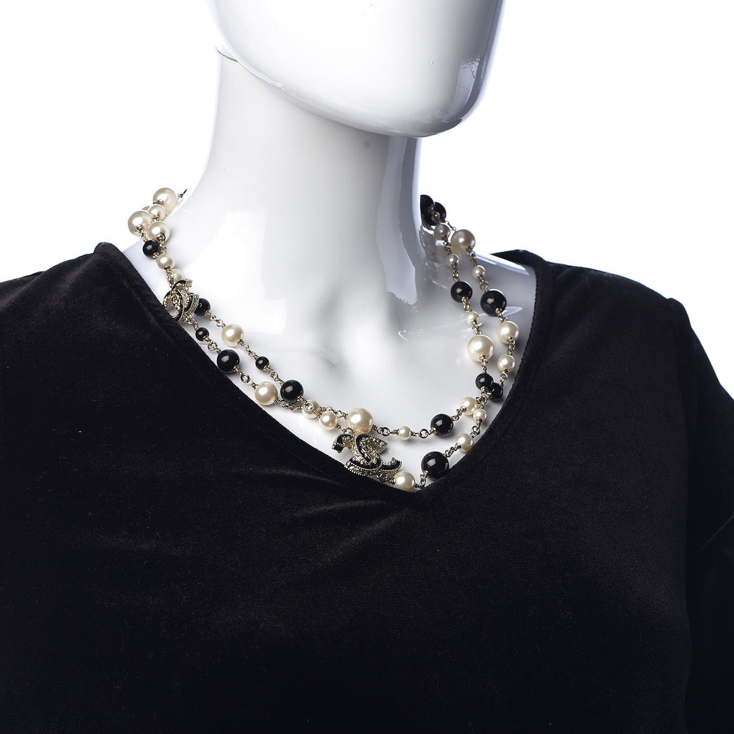 Pearl Bead Enamel CC Baroque Long Necklace Black Gold