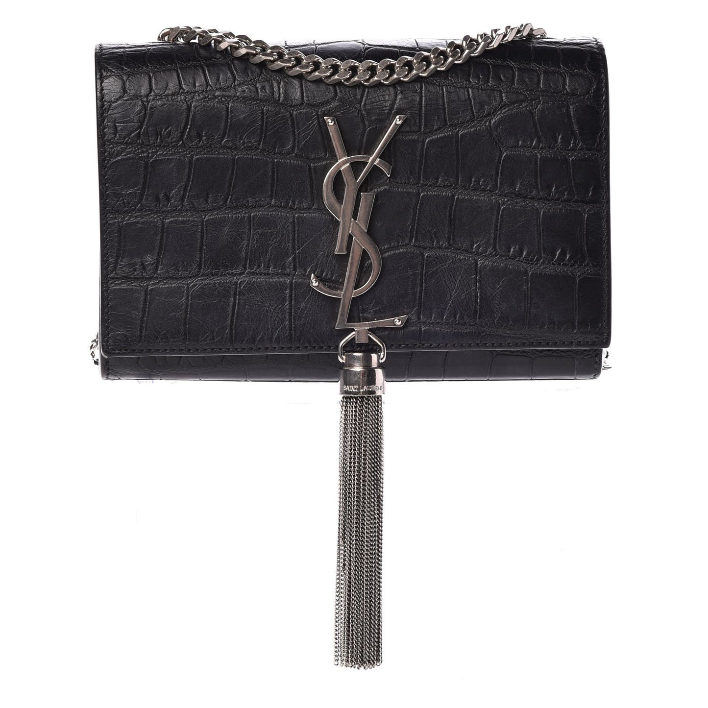 Calfskin Crocodile Embossed Monogram Small Kate Tassel Satchel Black
