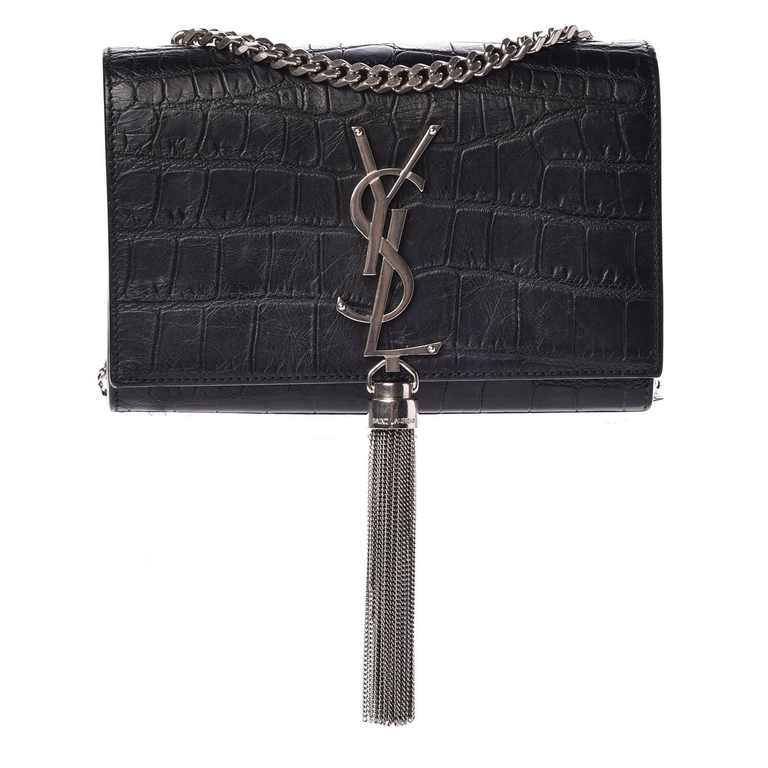 Saint Laurent Calfskin Crocodile Embossed Monogram Small Kate Tassel Satchel Black 1 of 10