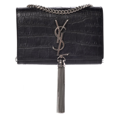 Saint Laurent Calfskin Crocodile Embossed Monogram Small Kate Tassel Satchel Black 1 of 10