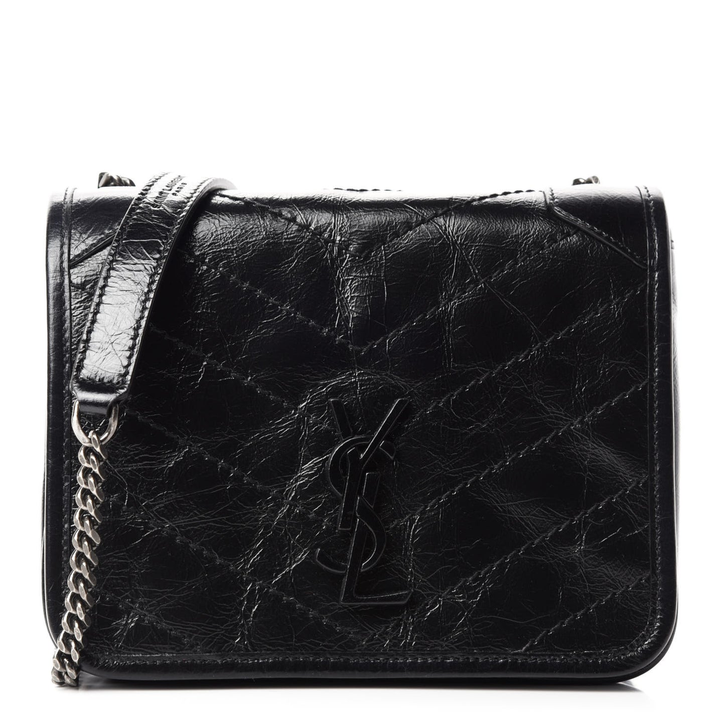 Crinkled Calfskin Matelasse Monogram Niki Chain Wallet Black
