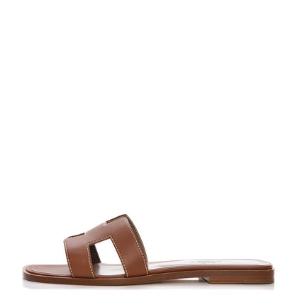 Hermes Box Calfskin Oran Sandals 37.5 Gold 1 of 10
