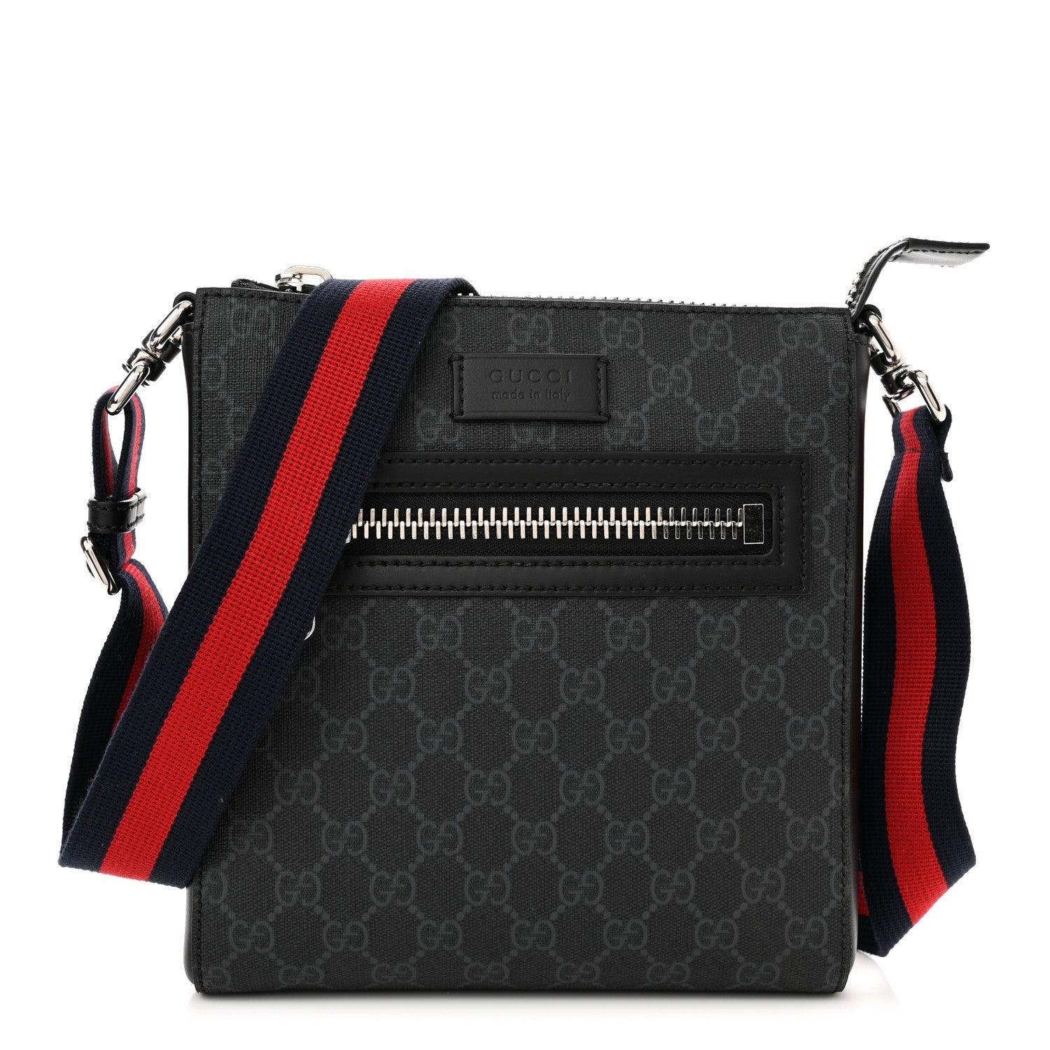 Gucci GG Supreme Monogram Web Small Flat Messenger Bag Black Grey 1 of 9
