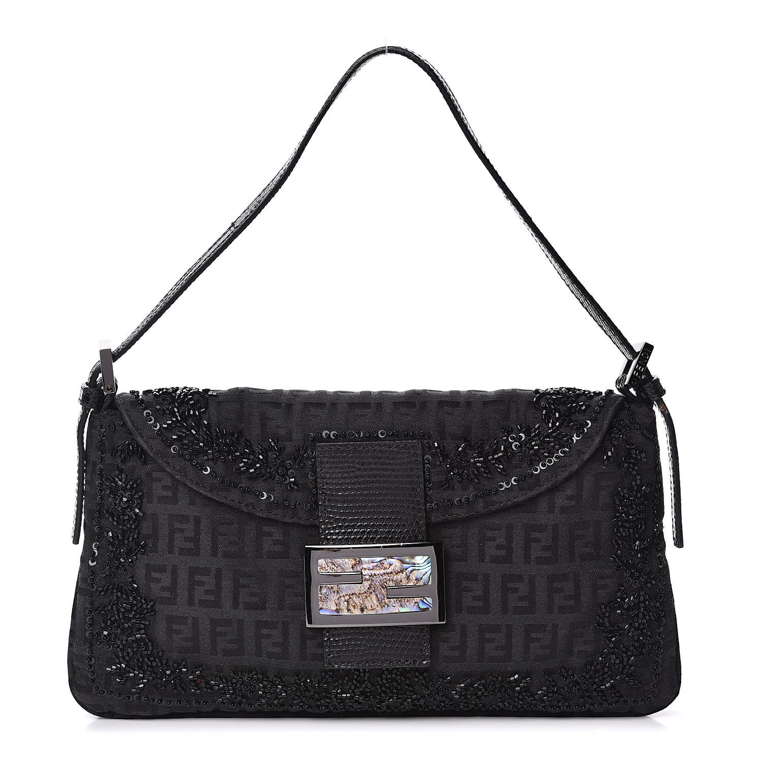 Fendi Zucchino Lizard Beaded Baguette Black 1 of 14