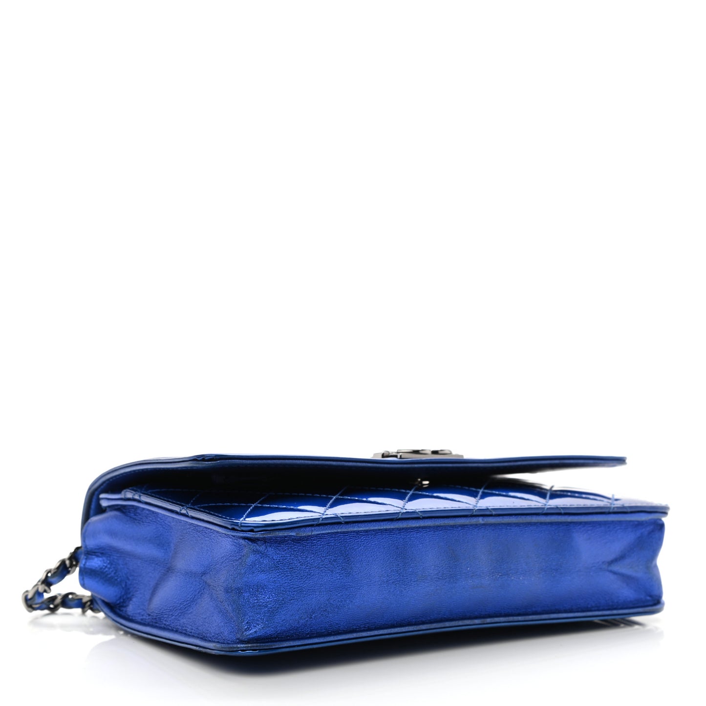 Metallic Patent Calfskin Quilted Boy Wallet On Chain WOC Blue