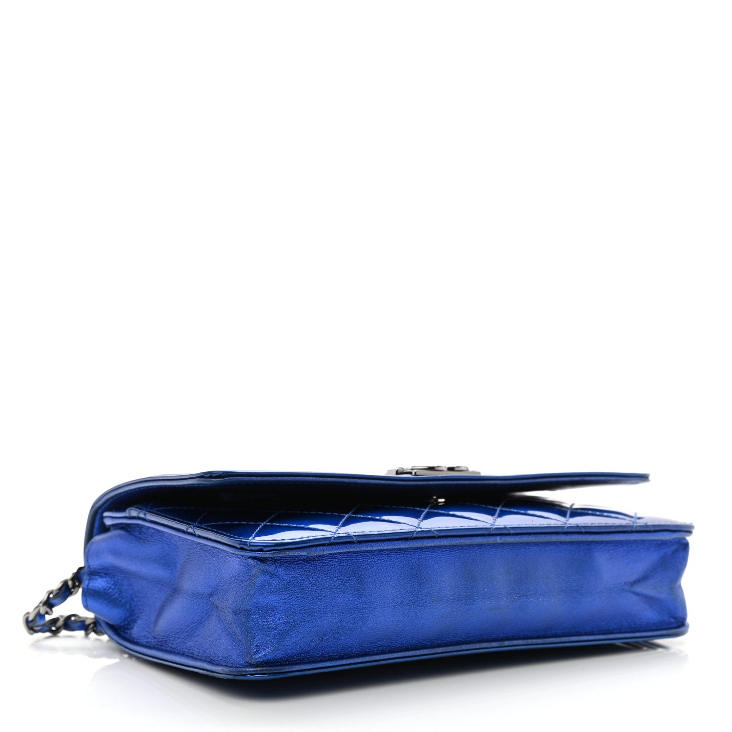 Chanel Metallic Patent Calfskin Quilted Boy Wallet On Chain WOC Blue 4 of 16