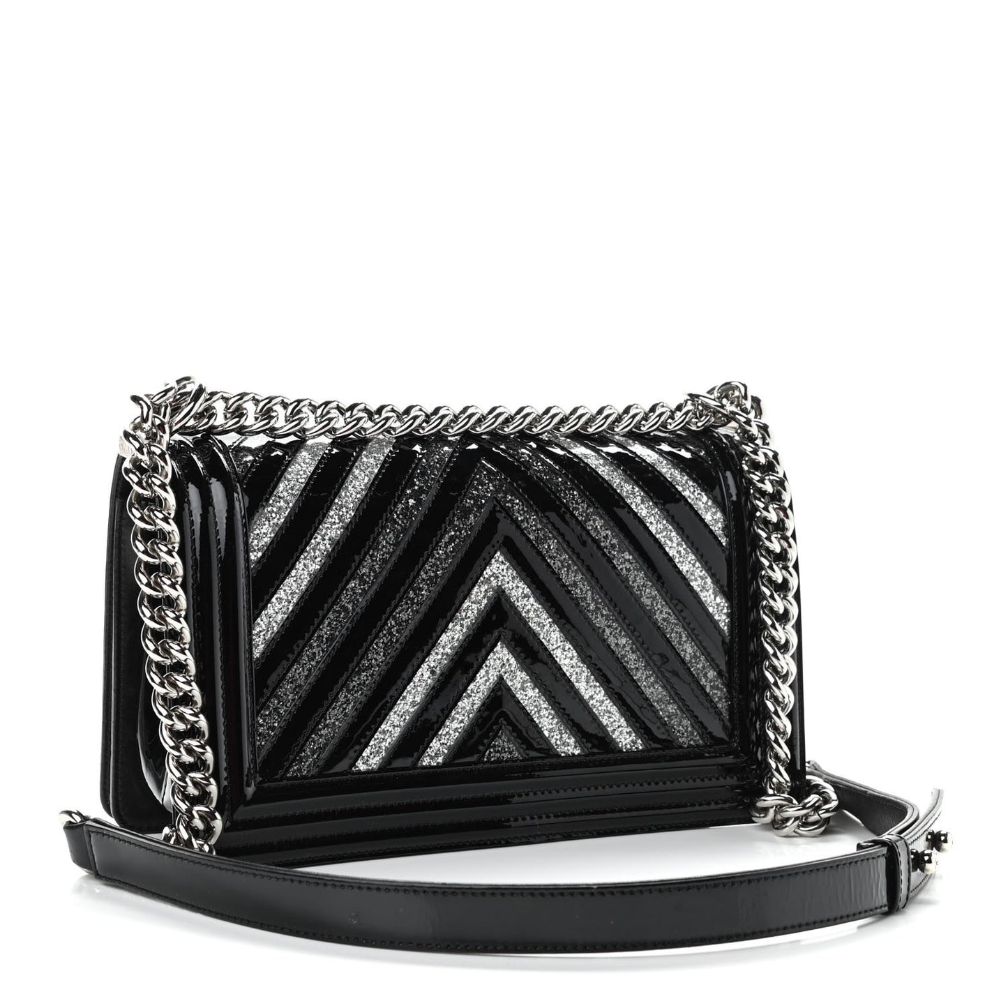 Patent Glitter PVC Chevron Quilted Medium Boy Flap Black Silver