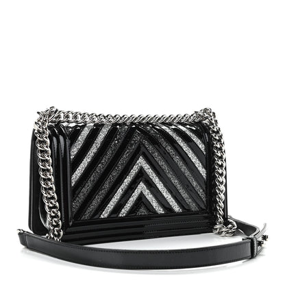 Chanel Patent Glitter PVC Chevron Quilted Medium Boy Flap Black Silver 3 of 11