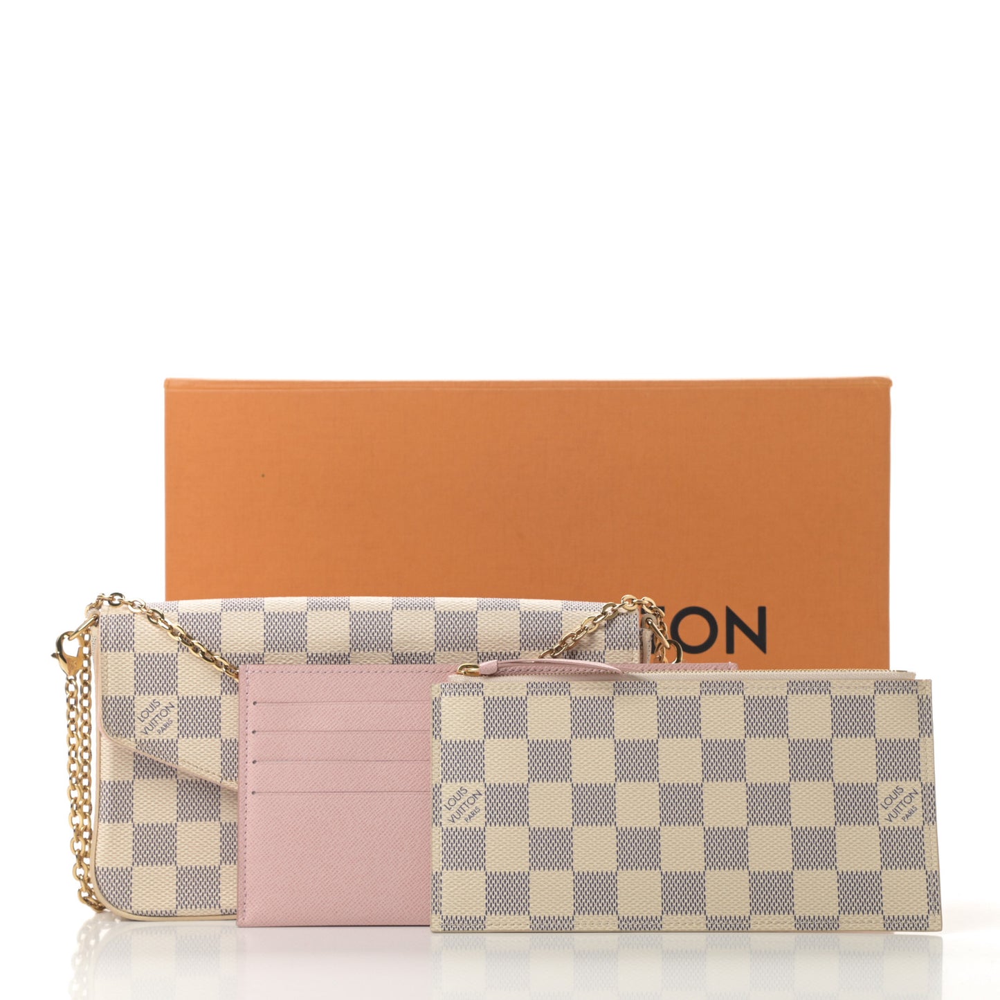 Damier Azur Pochette Felicie Chain Wallet Rose Ballerine