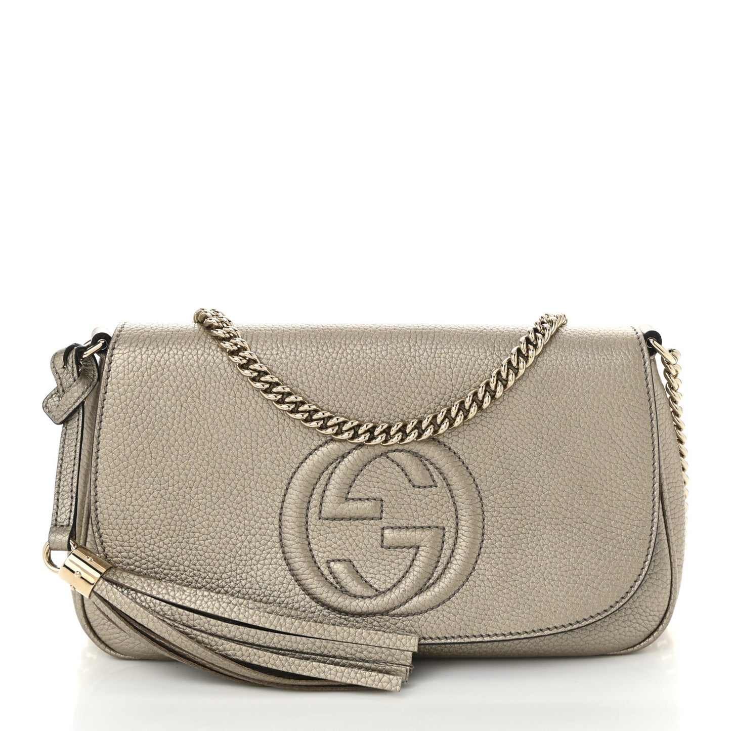 Metallic Pebbled Calfskin Medium Soho Flap Crossbody Golden Beige