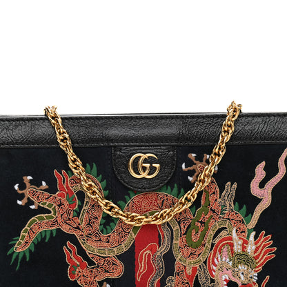 Gucci Suede Patent Web Dragon Embroidered Small Ophidia Chain Shoulder Bag Blue Black 9 of 14