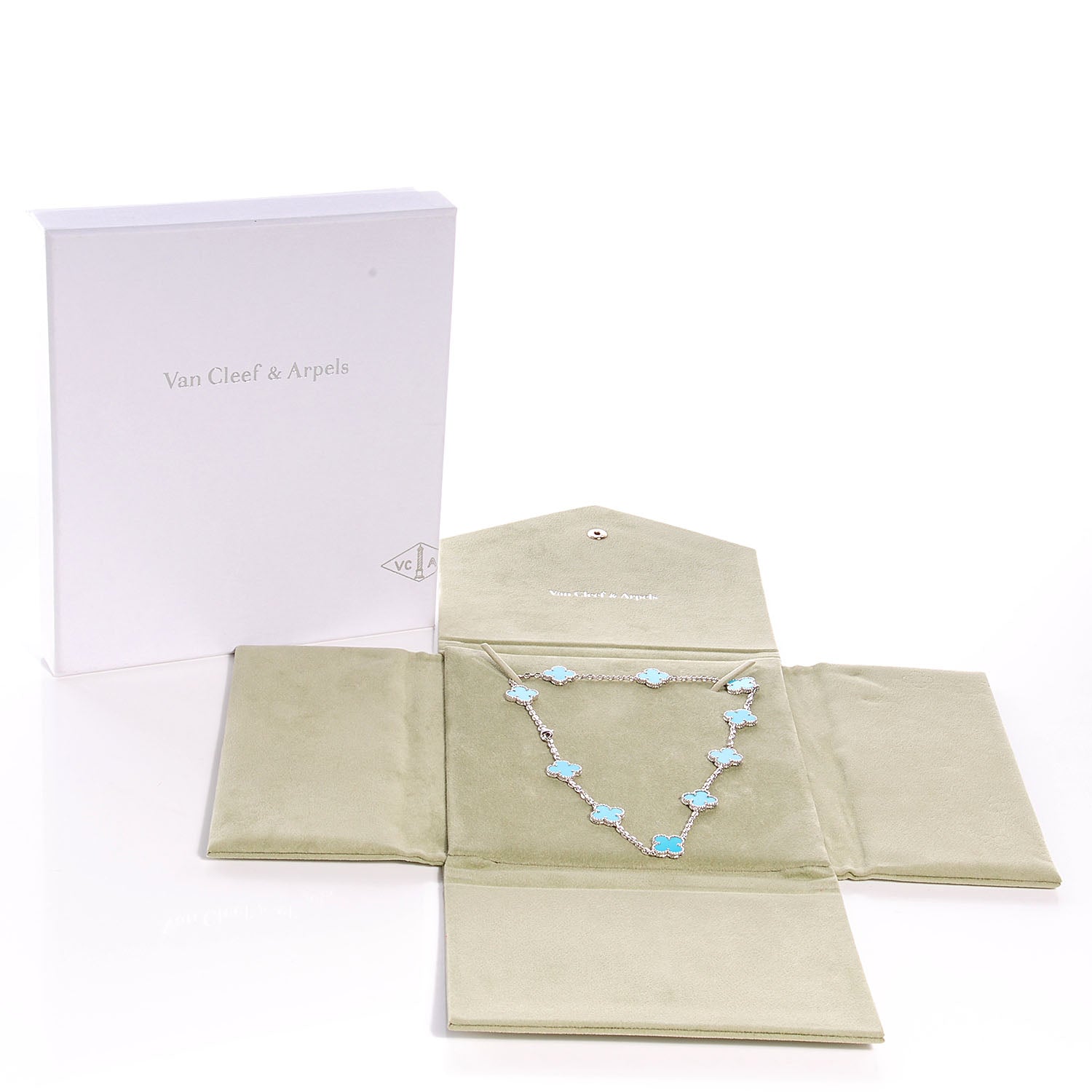Van Cleef & Arpels 18K White Gold Turquoise 10 Motifs Vintage Alhambra Necklace 7 of 7