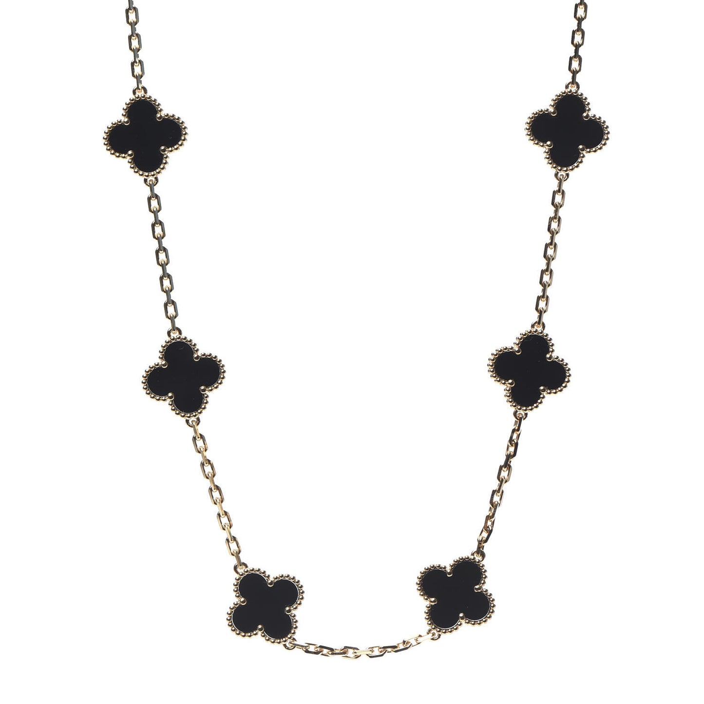18K Yellow Gold Black Onyx 10 Motifs Vintage Alhambra Necklace