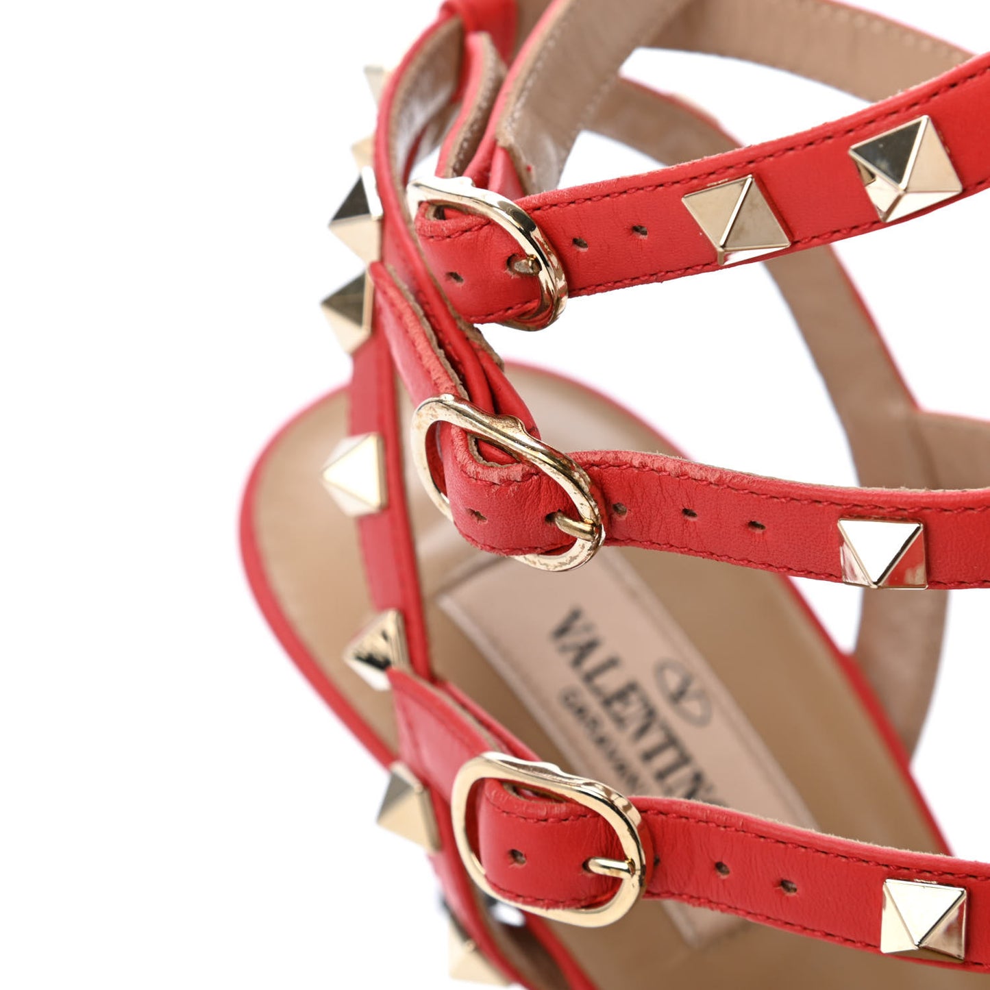 Pebbled Calfskin Rockstud Ankle Strap 65mm Pumps Deep Coral