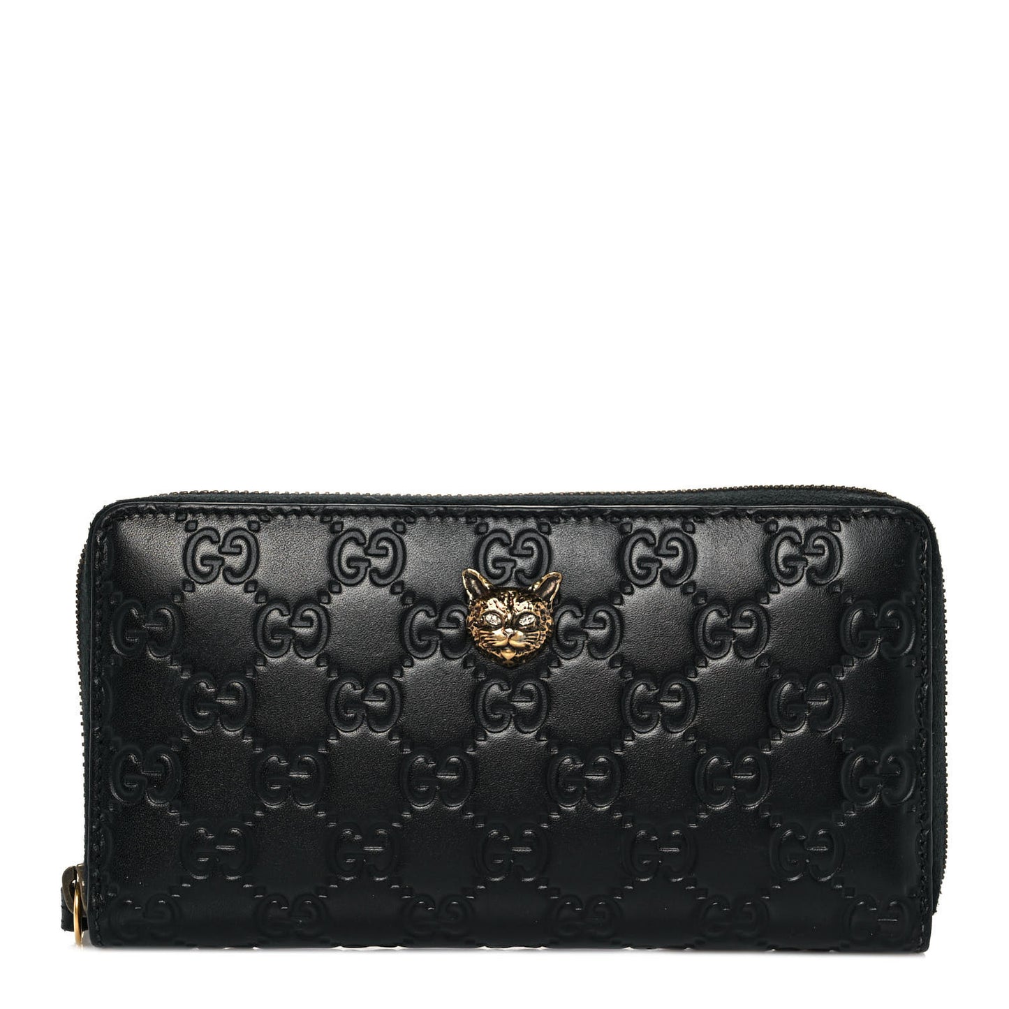 Guccissima Signature Crystal Cat Zip Around Wallet Black