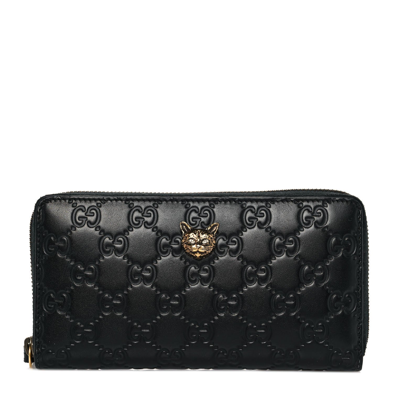 Gucci Guccissima Signature Crystal Cat Zip Around Wallet Black 1 of 8